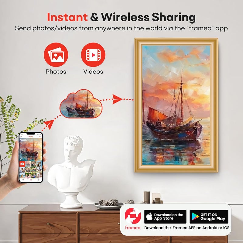 BIGASUO 64GB 15.6" Frameo Digital Picture Frame WiFi, Large Electronic Photo Frames Golden 1920 x 1080 IPS FHD Touch Screen, Send Photos from Your Phone from Anywhere, Best Gifts for Family and Friends - Image 2